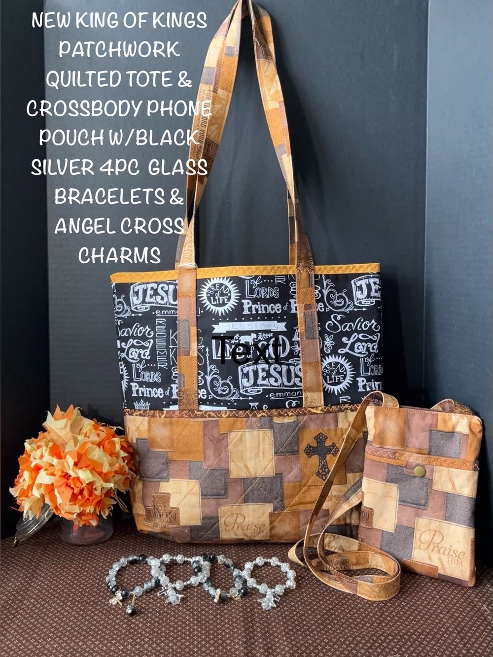 New King of Kings Patchwork Quilted Tote & Crossbody W/Silver Black Bracelets
